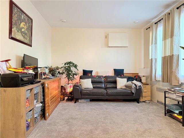 carpeted living room with radiator heating unit