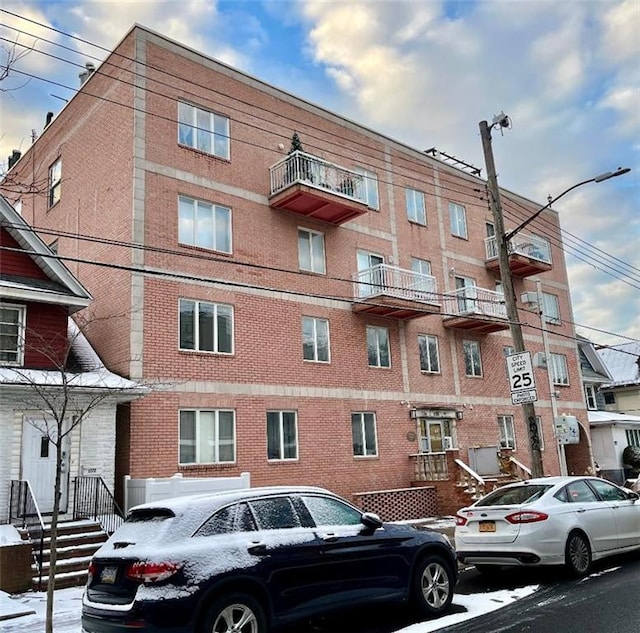 view of snow covered building