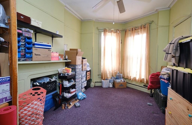 miscellaneous room featuring dark colored carpet, plenty of natural light, ceiling fan, and crown molding