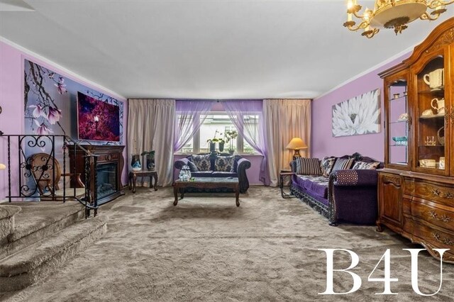 living room featuring carpet flooring and a notable chandelier