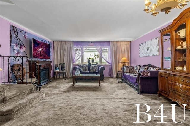 carpeted living room with crown molding and a chandelier