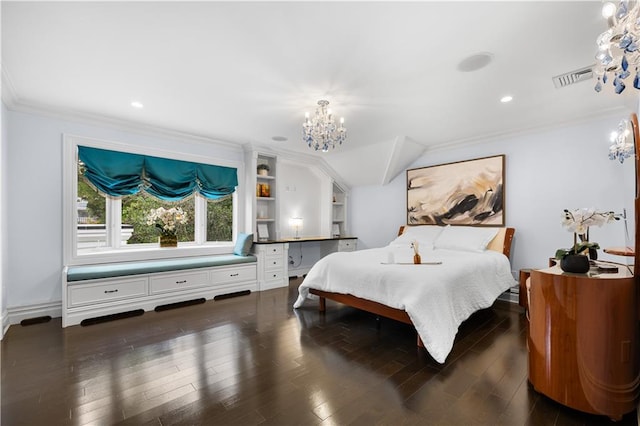 bedroom with visible vents, ornamental molding, dark wood-style flooring, an inviting chandelier, and recessed lighting