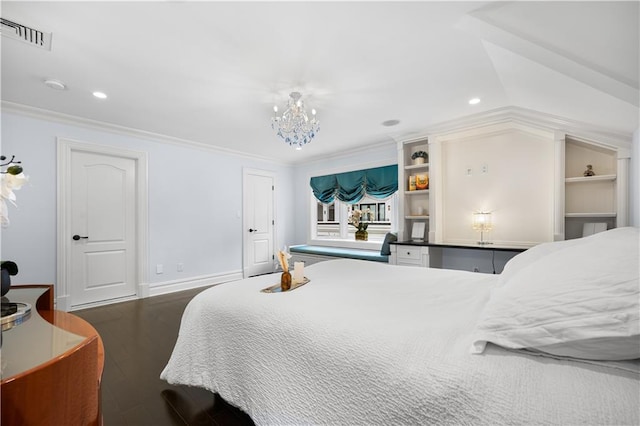 bedroom with visible vents, dark wood finished floors, baseboards, ornamental molding, and recessed lighting