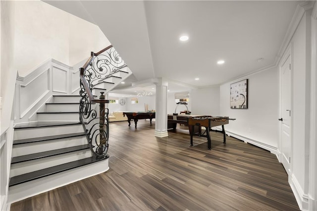 interior space featuring billiards, baseboards, dark wood-style flooring, ornate columns, and recessed lighting