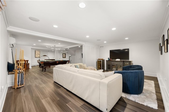 living room with billiards, ornamental molding, wood finished floors, a wall mounted AC, and recessed lighting