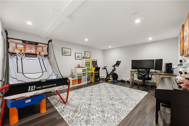 rec room with dark wood-style floors, recessed lighting, beamed ceiling, and baseboards