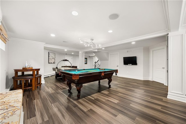 recreation room featuring dark wood-type flooring, recessed lighting, billiards, and crown molding