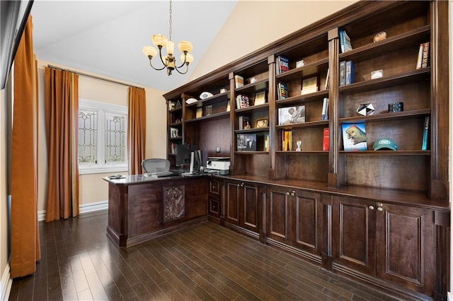 unfurnished office with a notable chandelier, baseboards, vaulted ceiling, and dark wood-style flooring