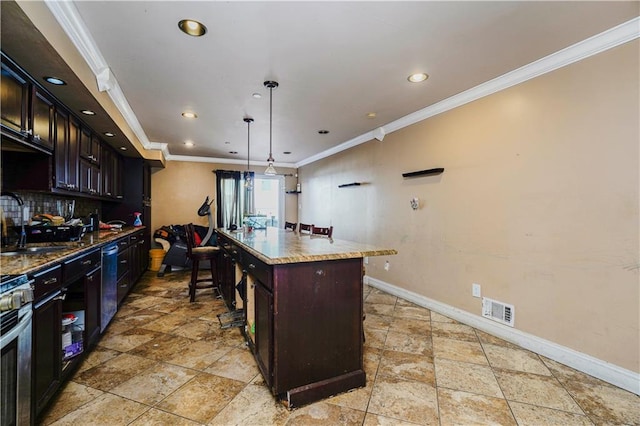 kitchen with visible vents, ornamental molding, a sink, tasteful backsplash, and stainless steel dishwasher