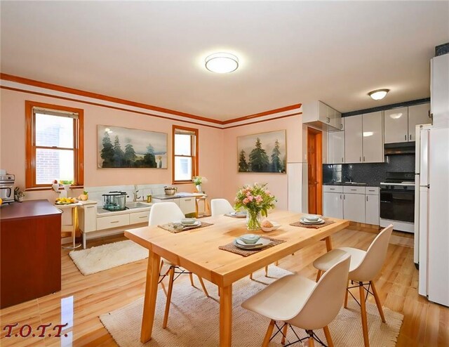 dining space with crown molding and light hardwood / wood-style floors