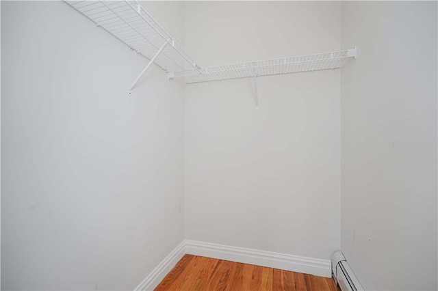 spacious closet featuring a baseboard radiator and wood-type flooring