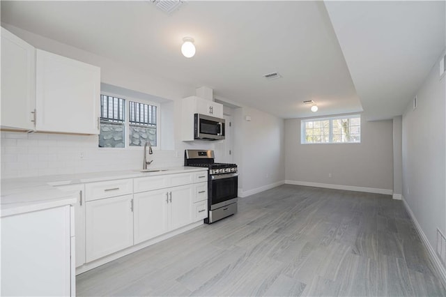 kitchen featuring white cabinets, backsplash, sink, and stainless steel appliances