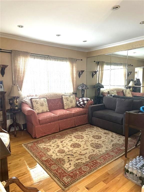 living room featuring hardwood / wood-style floors, crown molding, and a wealth of natural light