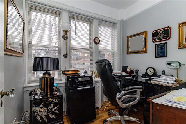 home office with wood-type flooring