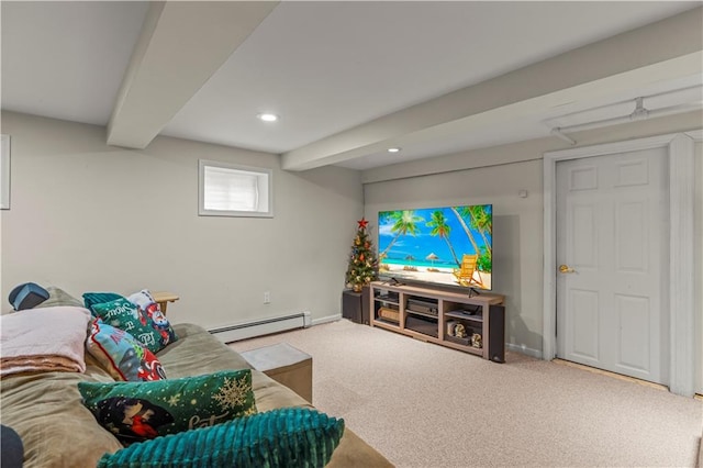 carpeted living room with a baseboard radiator and beam ceiling