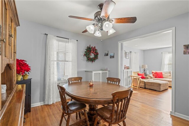 dining room with ceiling fan and light wood-type flooring