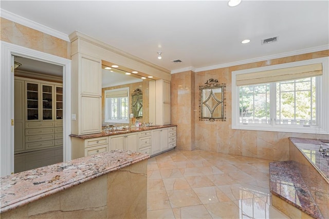 full bath with crown molding, recessed lighting, visible vents, and vanity
