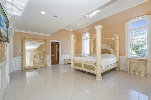 unfurnished bedroom featuring crown molding and light tile patterned flooring