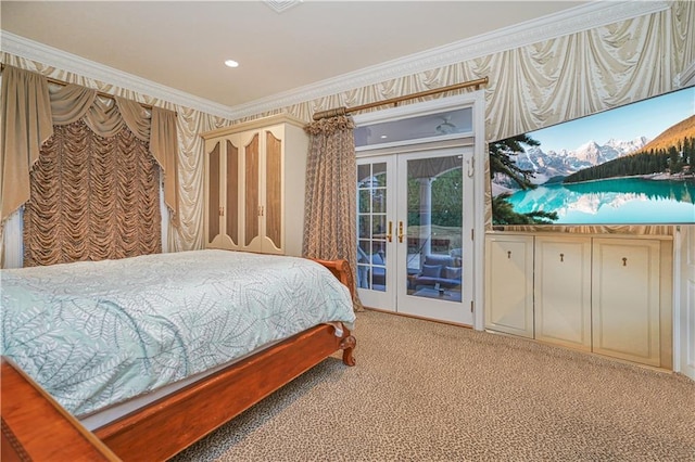 bedroom with french doors, ornamental molding, light carpet, and access to outside