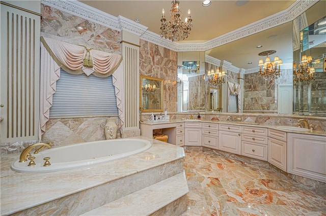 bathroom featuring crown molding, tile walls, vanity, tiled bath, and a chandelier