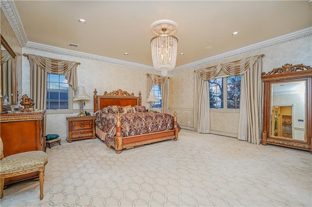 bedroom featuring multiple windows, ornamental molding, a chandelier, and light carpet