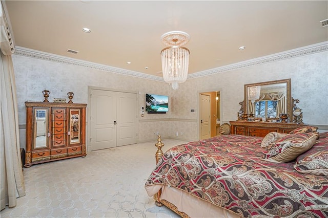 bedroom with light colored carpet, ornamental molding, and a notable chandelier