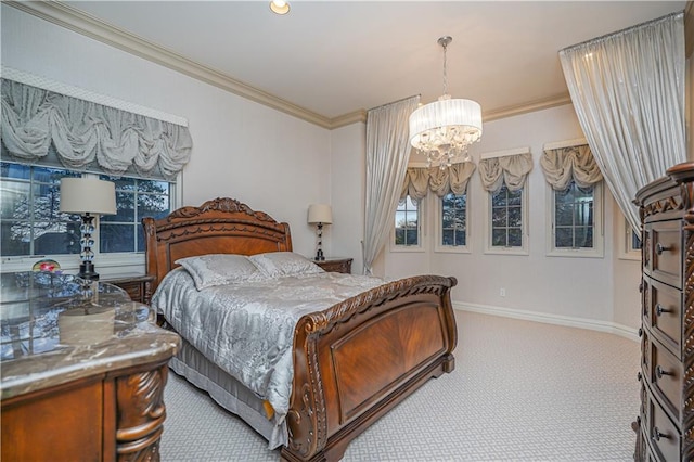 bedroom featuring a notable chandelier, ornamental molding, and carpet