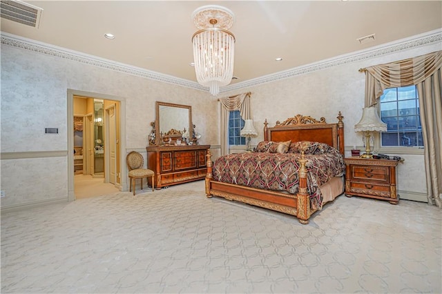 bedroom featuring a chandelier, crown molding, visible vents, and recessed lighting