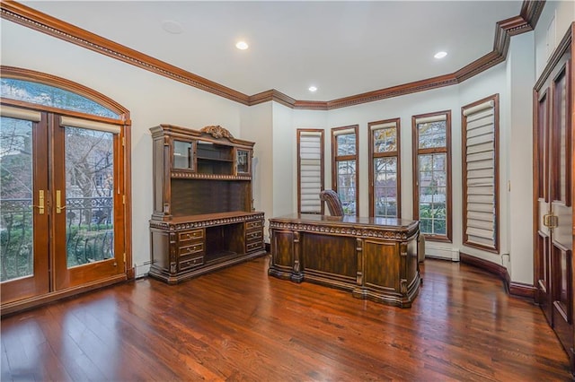 office area featuring crown molding, baseboard heating, recessed lighting, dark wood-type flooring, and french doors