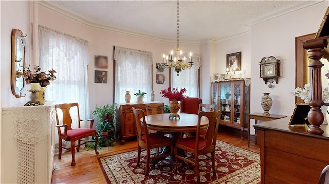 dining room with crown molding, light wood-style floors, a chandelier, and plenty of natural light