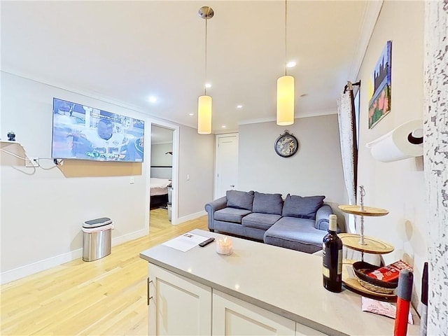 living room with light wood-type flooring and crown molding