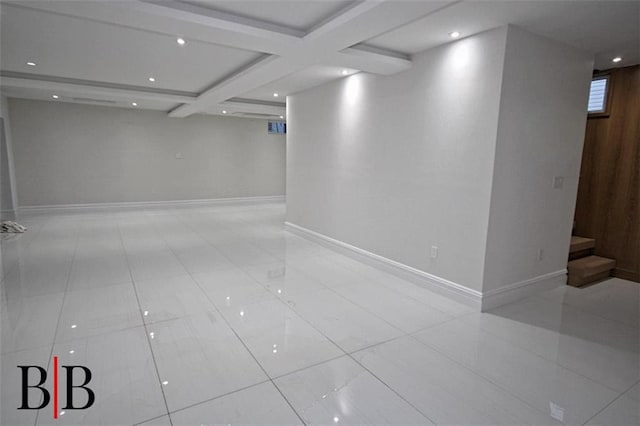 below grade area with baseboards, tile patterned flooring, recessed lighting, and stairs
