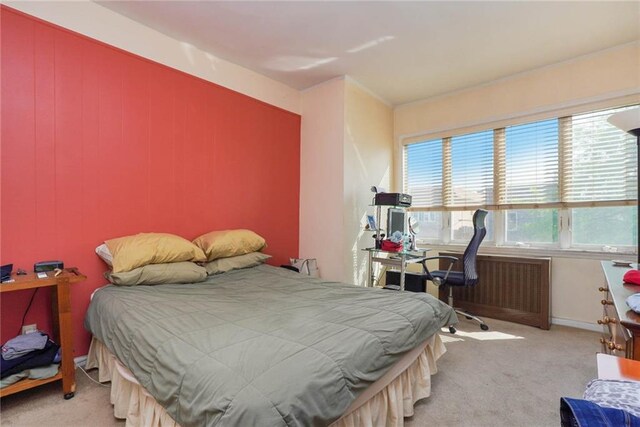 bedroom featuring light carpet and radiator heating unit