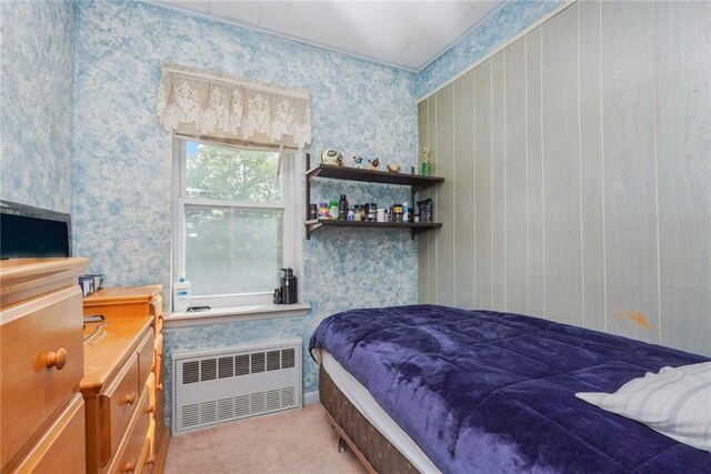 carpeted bedroom with radiator heating unit