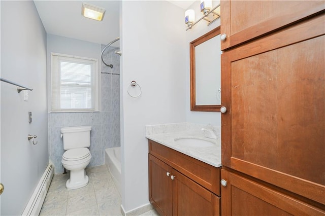 bathroom with shower / bathtub combination, a baseboard radiator, toilet, vanity, and tile patterned floors