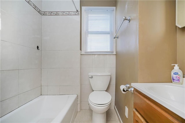 full bathroom with toilet,  shower combination, tile walls, and vanity