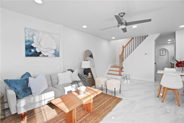 living room featuring ceiling fan