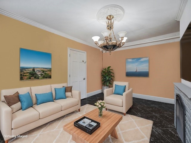 living room with ornamental molding and a chandelier