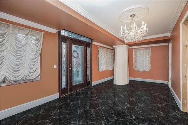 entryway with an inviting chandelier and ornamental molding