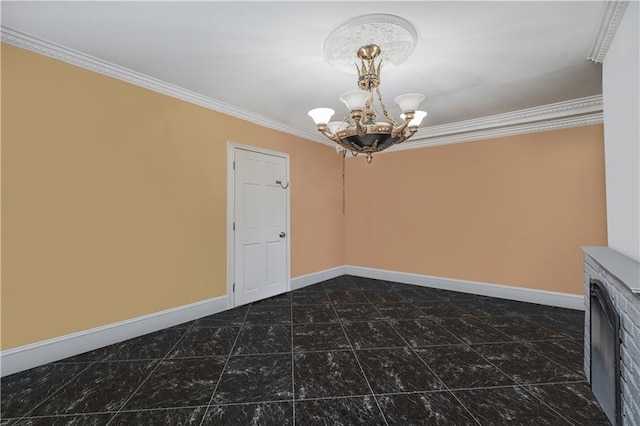 interior space with ornamental molding and a chandelier