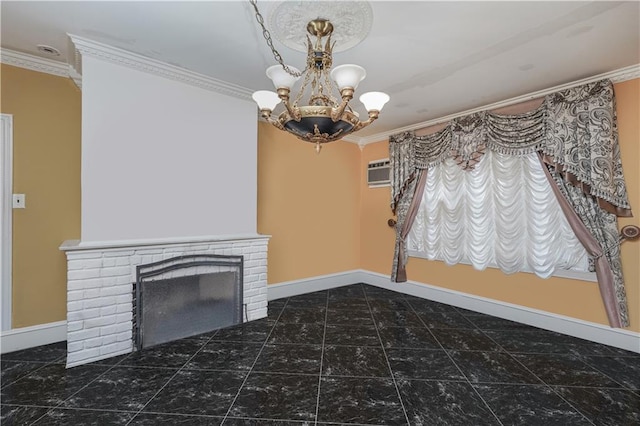 unfurnished living room featuring a brick fireplace, a notable chandelier, ornamental molding, and a wall mounted air conditioner