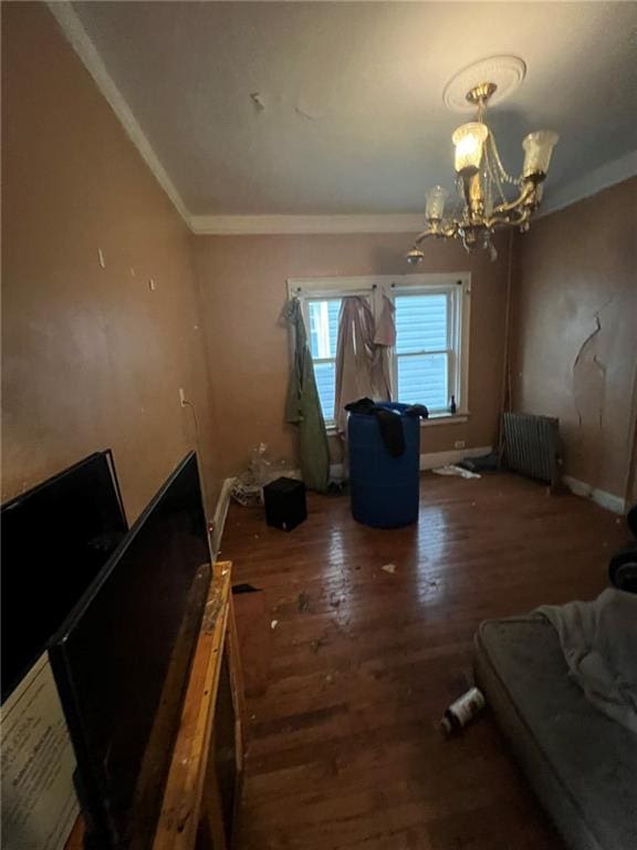 miscellaneous room featuring radiator, dark hardwood / wood-style flooring, and a chandelier