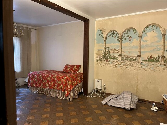 bedroom featuring dark parquet flooring and crown molding