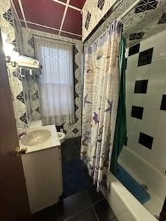 6311 13th Ave, Brooklyn, NY 11219 - bathroom with shower / bath combo with shower curtain, vanity, and tile patterned floors