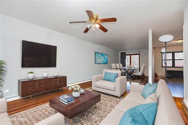 living room with ceiling fan and wood-type flooring