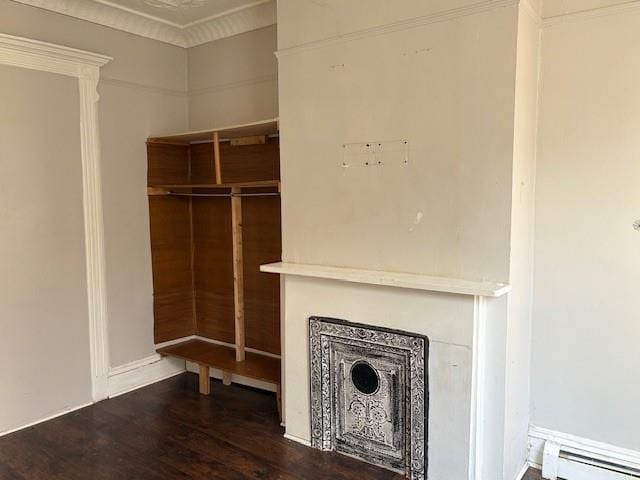 interior space featuring a baseboard radiator, hardwood / wood-style floors, and crown molding