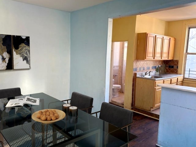 dining space featuring dark hardwood / wood-style floors and sink