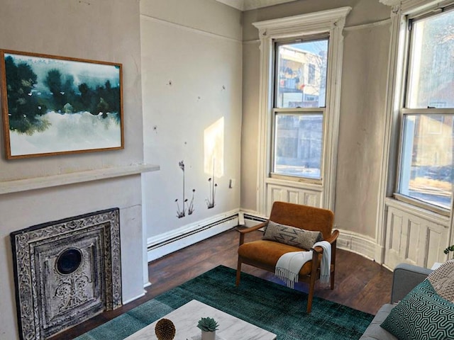 sitting room featuring baseboard heating, dark hardwood / wood-style flooring, and a wealth of natural light