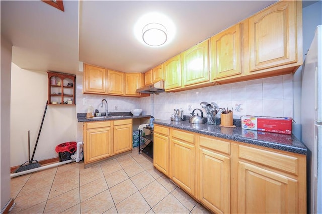 1445 W 5th St, Brooklyn, NY 11204 - kitchen featuring a sink, decorative backsplash, under cabinet range hood, and light tile patterned flooring