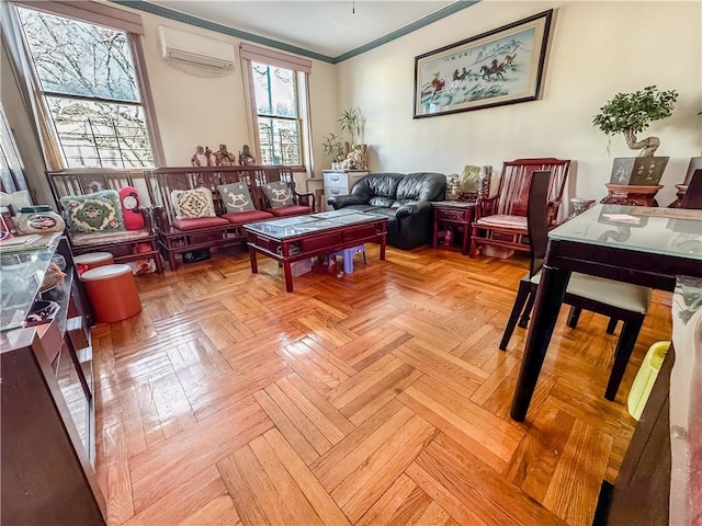 interior space with crown molding, a wall unit AC, and light parquet floors